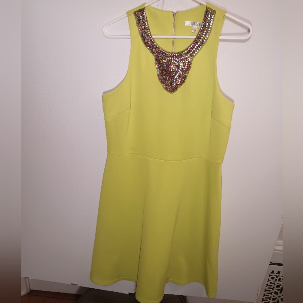Spense Women Sz 14 Citron Lime Beaded Neck Dress Midi Sleeveless Cruise Vacation